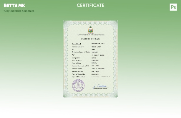 модерен стил Шаблон за PSD сертификат за смрт на Свети Винсент и Гренадини